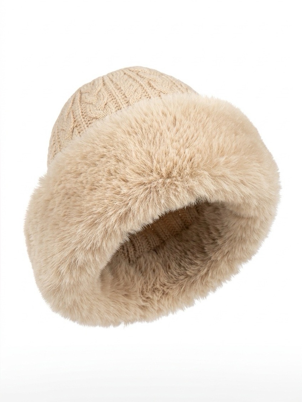Juicy Couture Beige Cable Knit Beanie with Faux Fur Trim